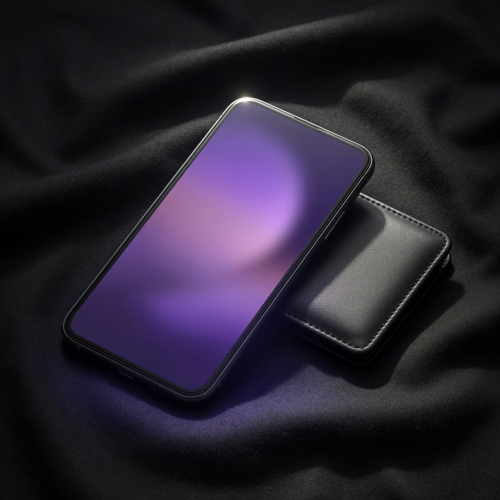 A phone and wallet on black fabric, lit with a violet glow
